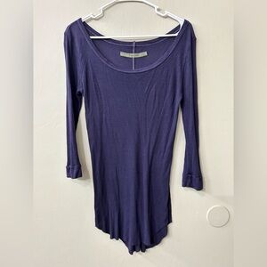 Enza Costa Deep Purple Long Sleeve Top Raw Round Hem Ribbed Tee Scoop Neck